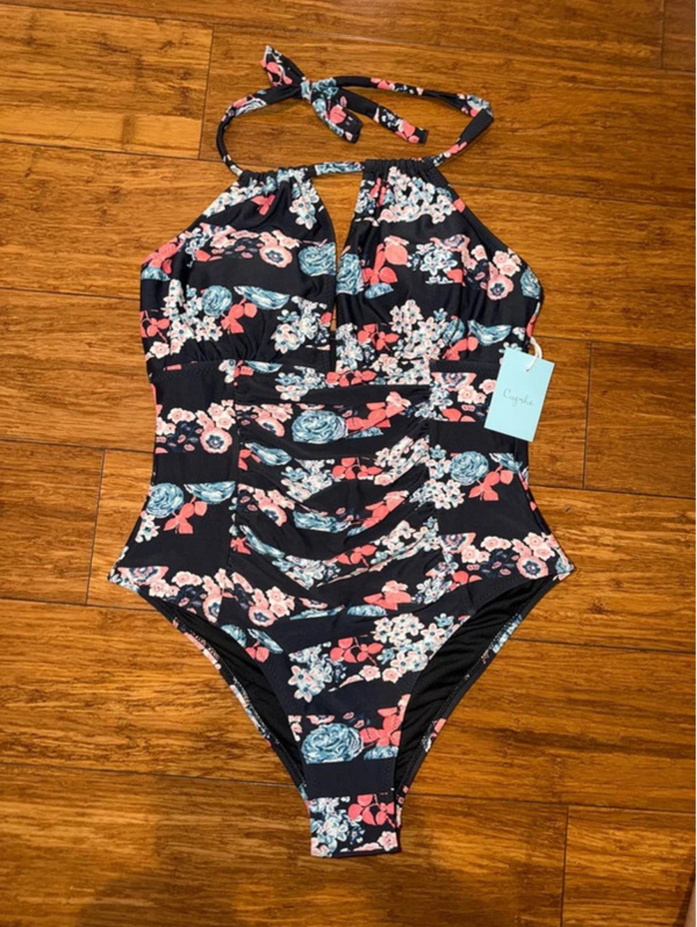 Cupshe-Women’s Medium Navy Floral Ruched Halter One Piece Swimsuit NWT